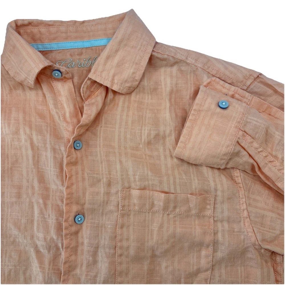 Caribbean Peachy Orange Linen Button Up Top Beachy Coastal Roll Tab Sleeve Small - Picture 4 of 10